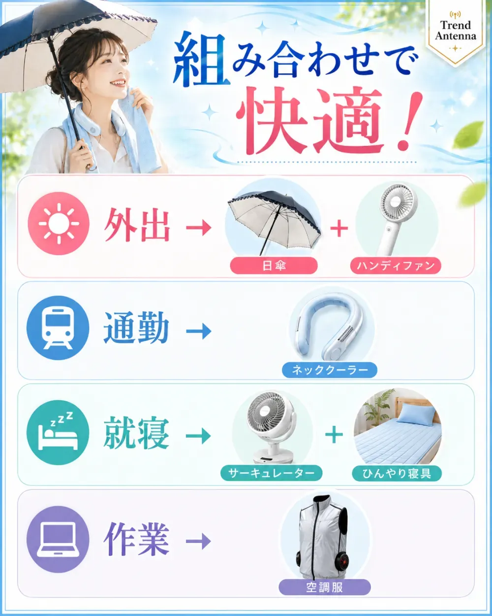 暑さ対策は組み合わせで快適。外出は日傘＋ハンディファン、通勤はネッククーラー、就寝はサーキュレーター＋ひんやり寝具、作業は空調服