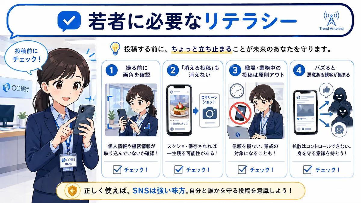 若者に必要なSNSリテラシー4項目。画角確認・消える投稿は消えない・業務中NG・バズると悪意が集まる