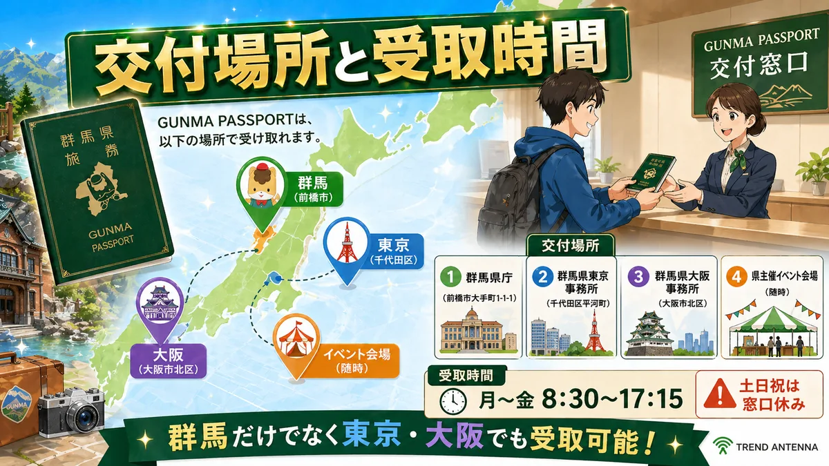 交付場所と受取時間。群馬・東京・大阪・イベント会場の4か所、月〜金8:30〜17:15