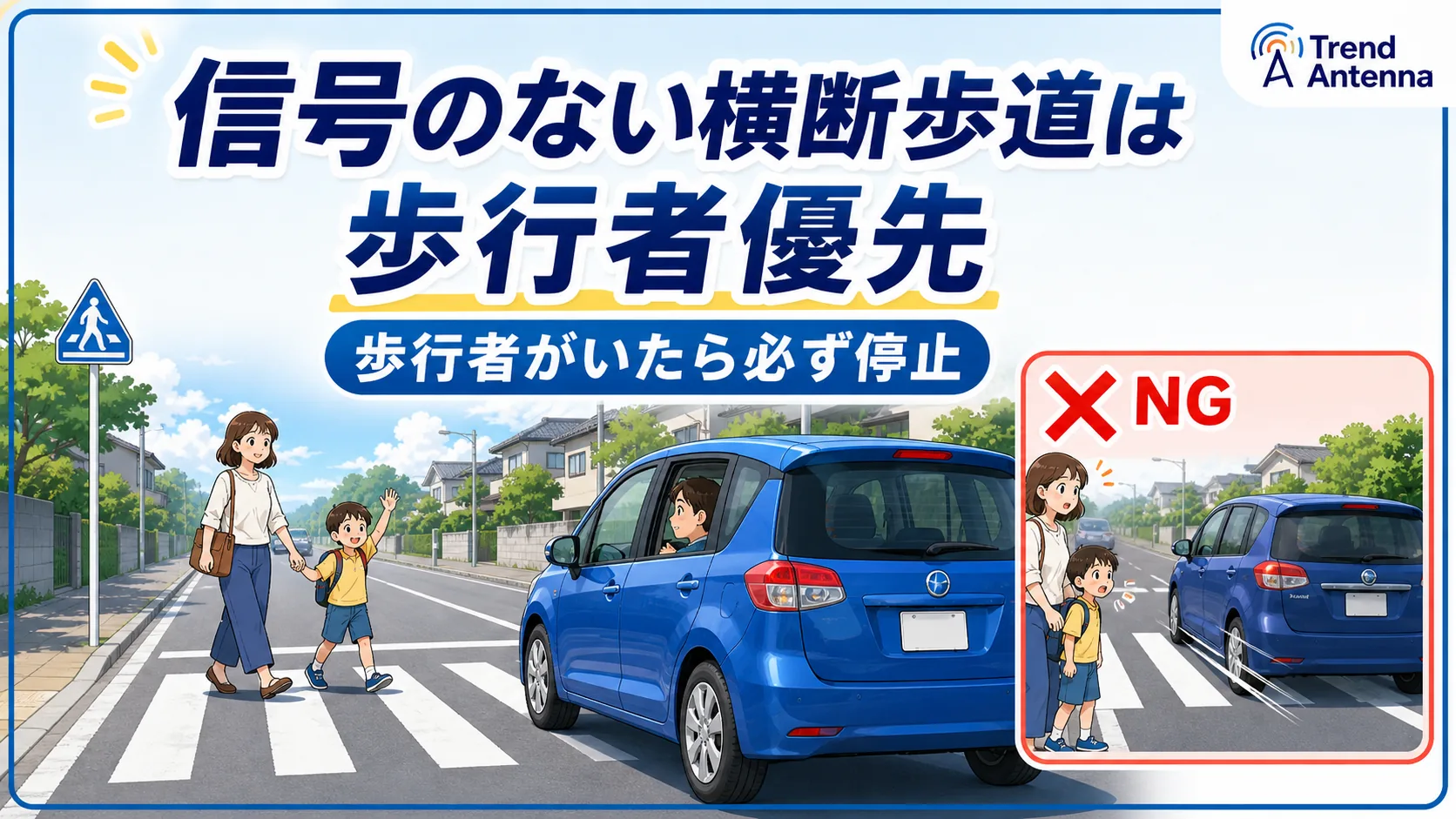 信号のない横断歩道は歩行者優先。歩行者がいたら必ず停止、通過するのはNG