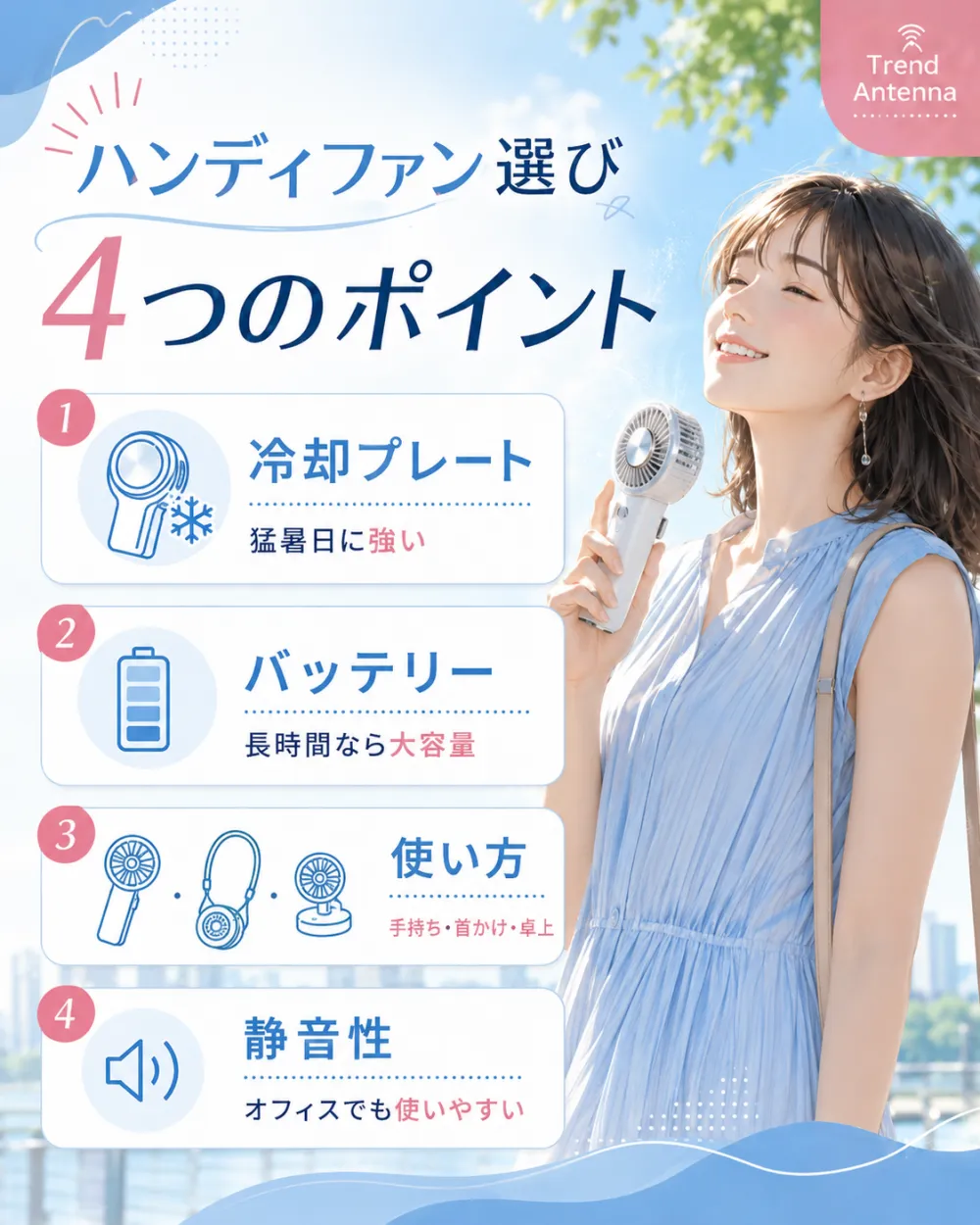 ハンディファン選びの4つのポイント。①冷却プレート(猛暑日に強い)②バッテリー(長時間なら大容量)③使い方(手持ち・首かけ・卓上)④静音性(オフィスでも使いやすい)