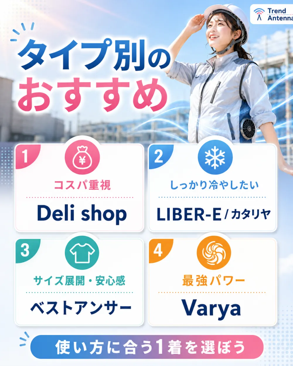 タイプ別のおすすめ。コスパ重視ならDeli shop、しっかり冷やしたいならLIBER-E/カタリヤ、サイズ展開・安心感ならベストアンサー、最強パワーならVarya